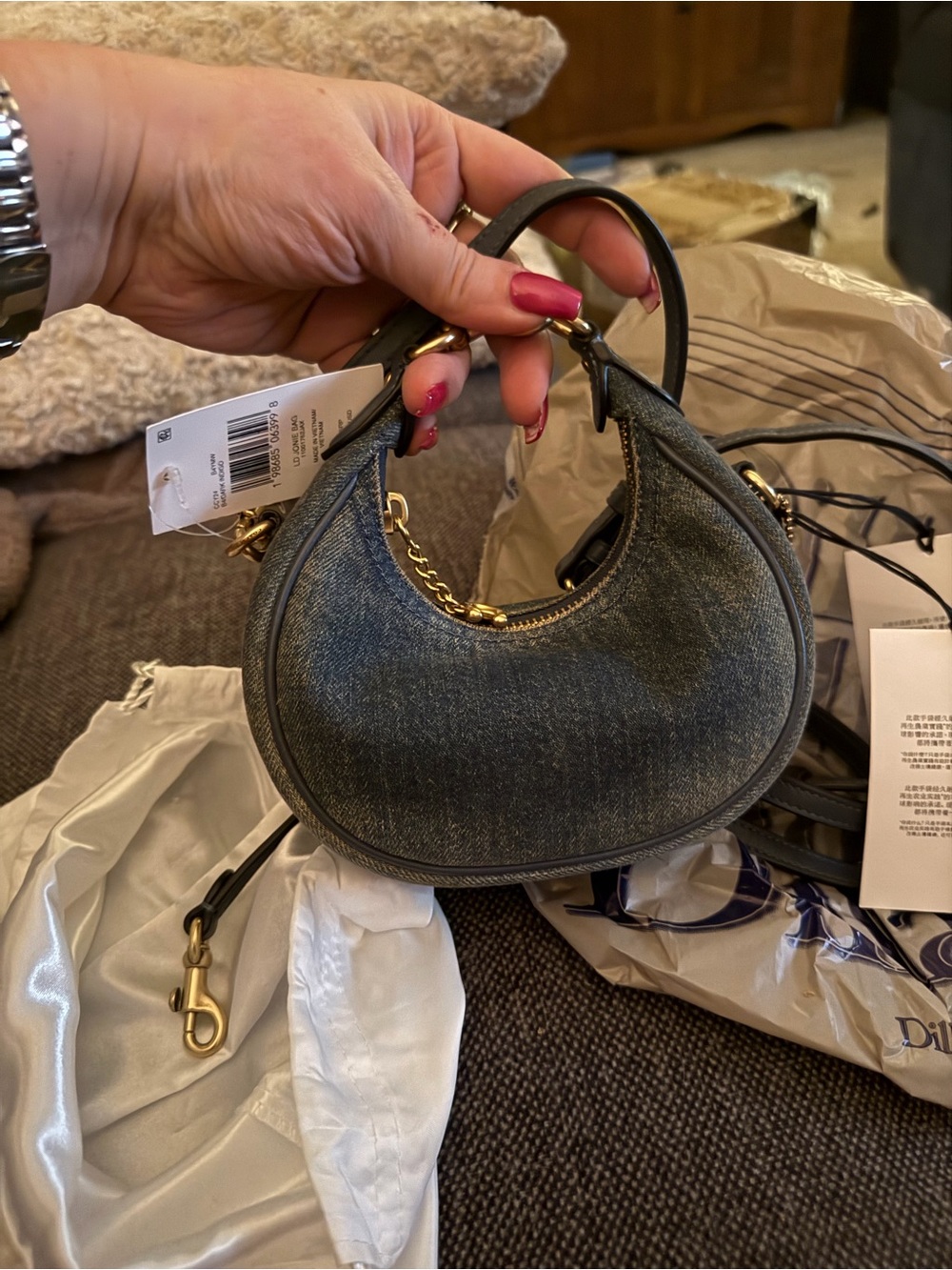 NEW WITH TAGS Coach Mini Crescent Denim Handbag with Gold Chain